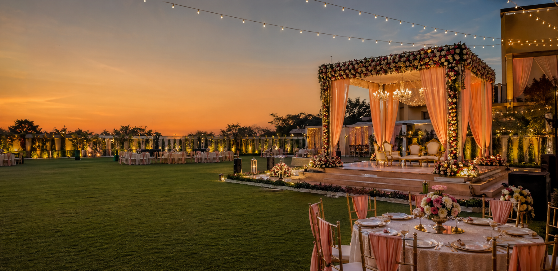Evening wedding setup on a decorated open lawn